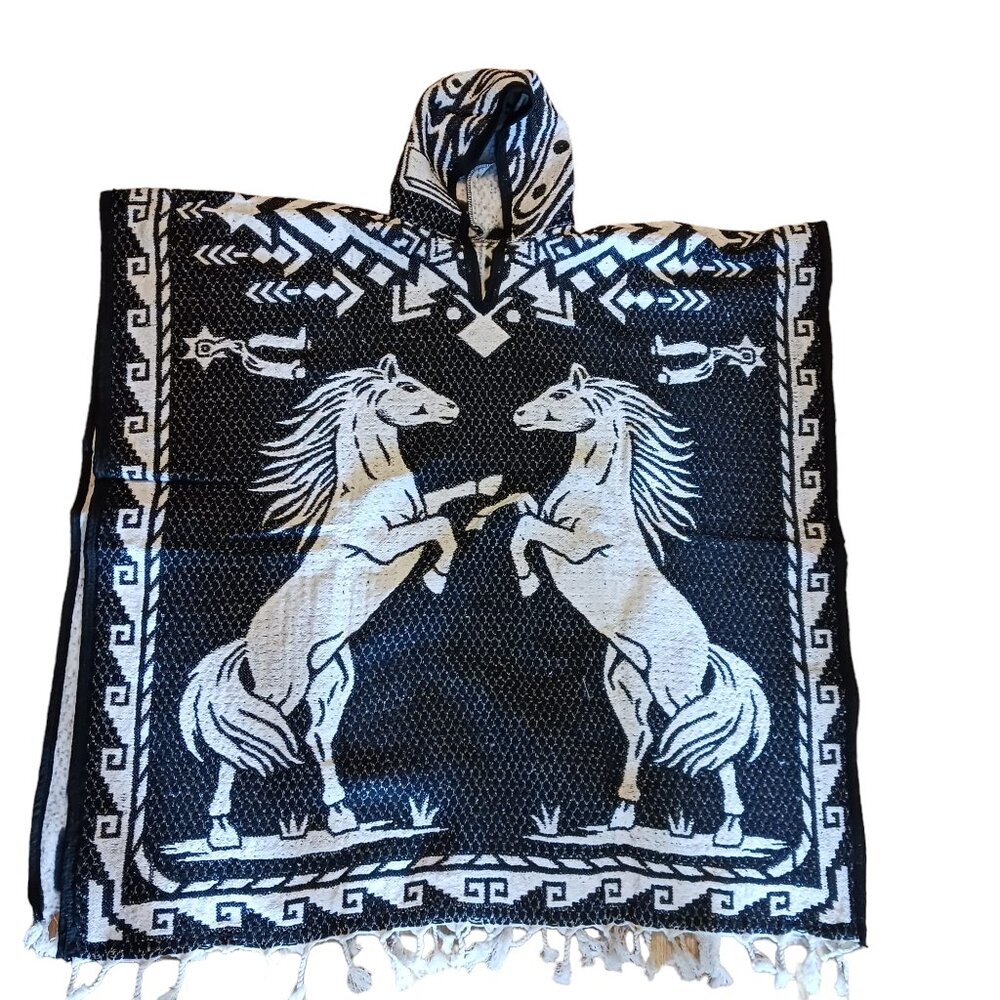 Authentic Mexican Gaban with Hoodie | Jorongo | Pancho | Horse Design | Black